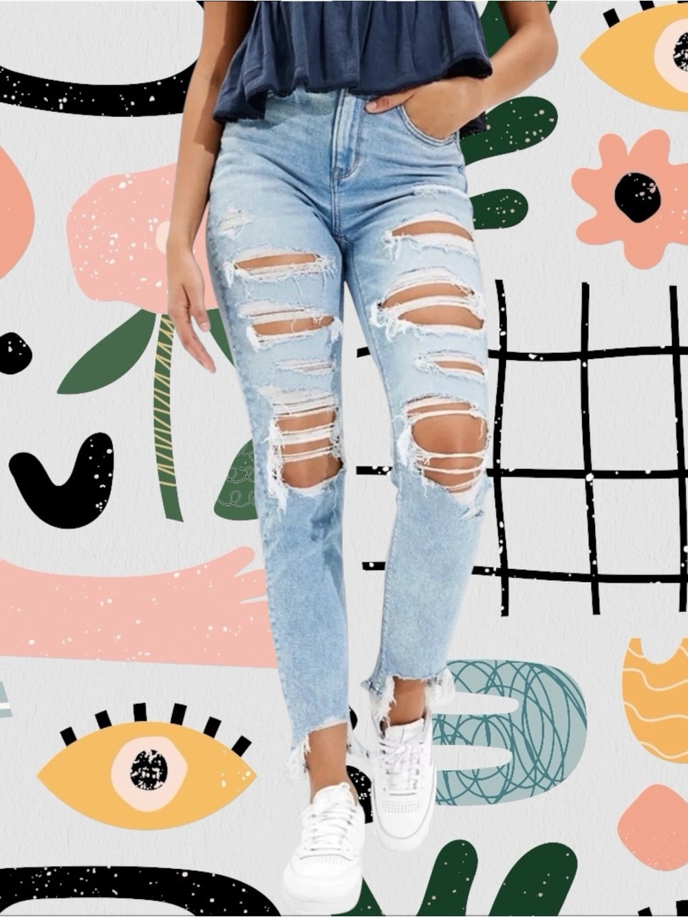 American Eagle | Light Wash High Rise Distressed Mom Jeans with Sharkbite Hem